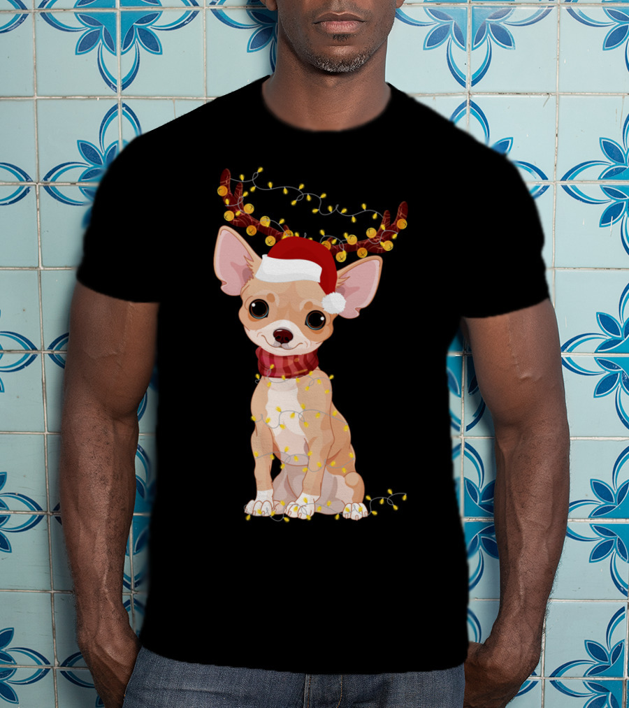 Chihuahua With Santa Hat Reindeer Antlers Christmas Lights Noel T-Shirt