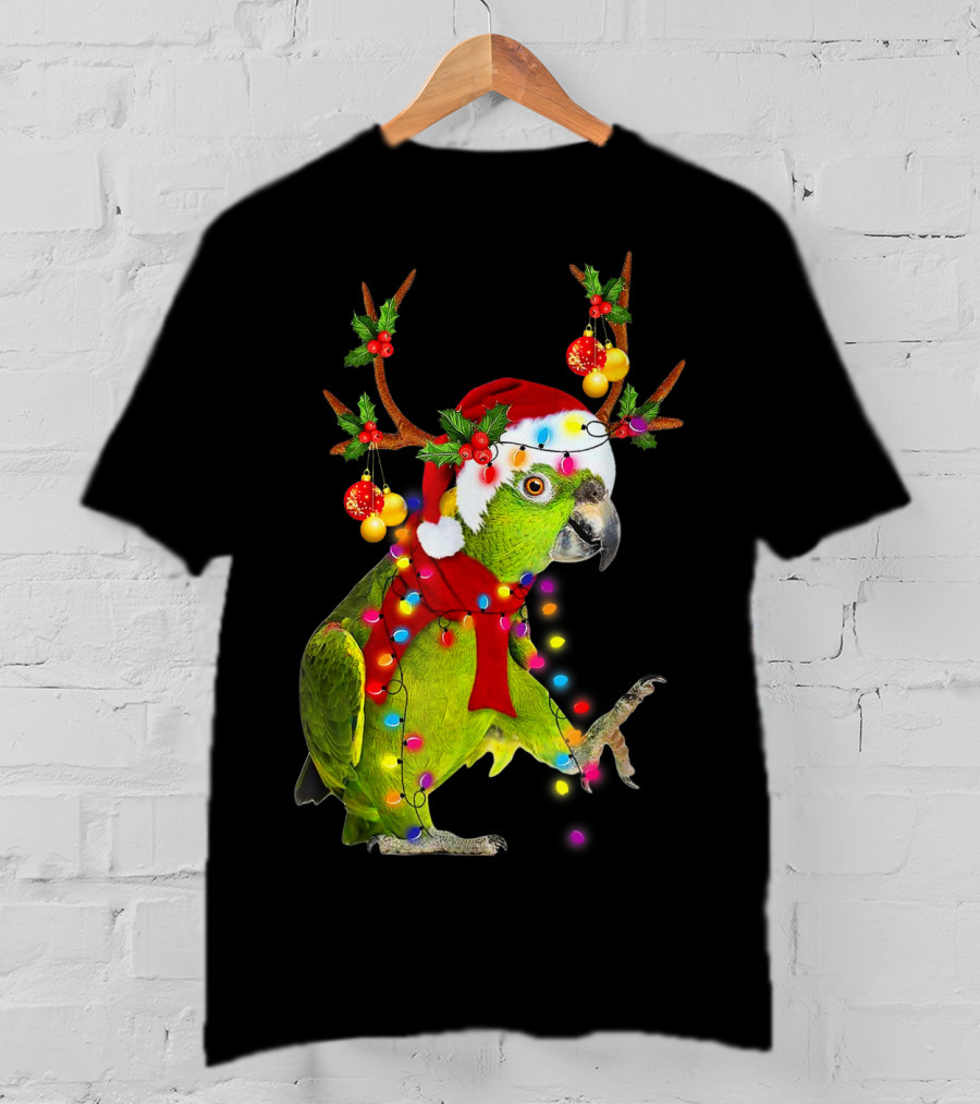 Cockatoo Parrot Reindeer Antlers Christmas Lights Santa Hat T-Shirt