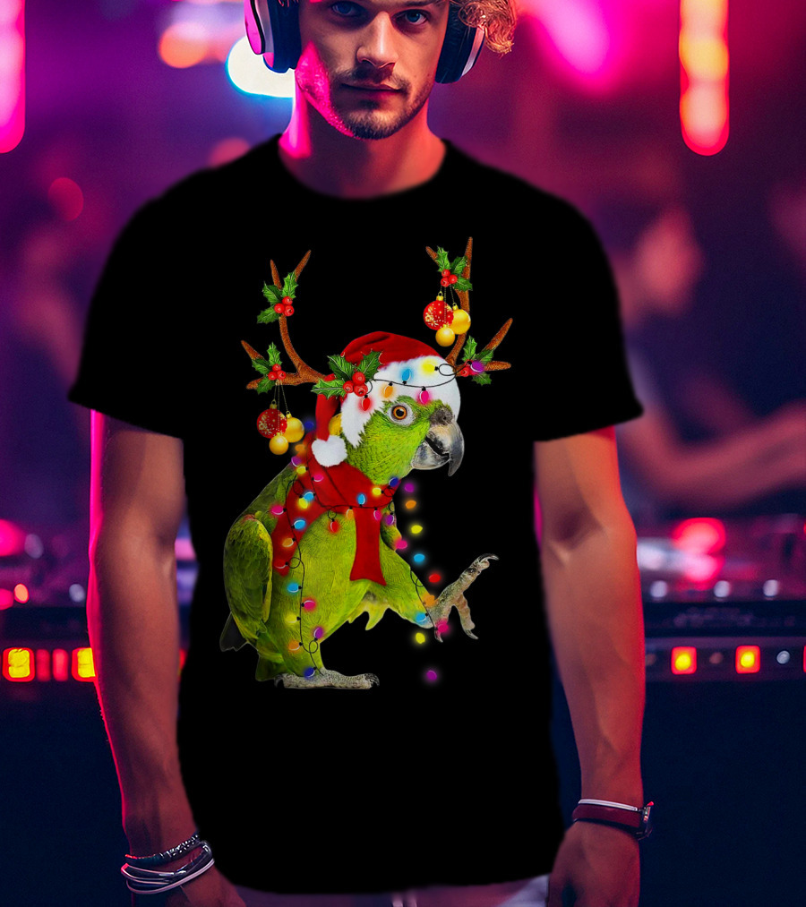 Cockatoo Parrot Reindeer Antlers Christmas Lights Santa Hat T-Shirt