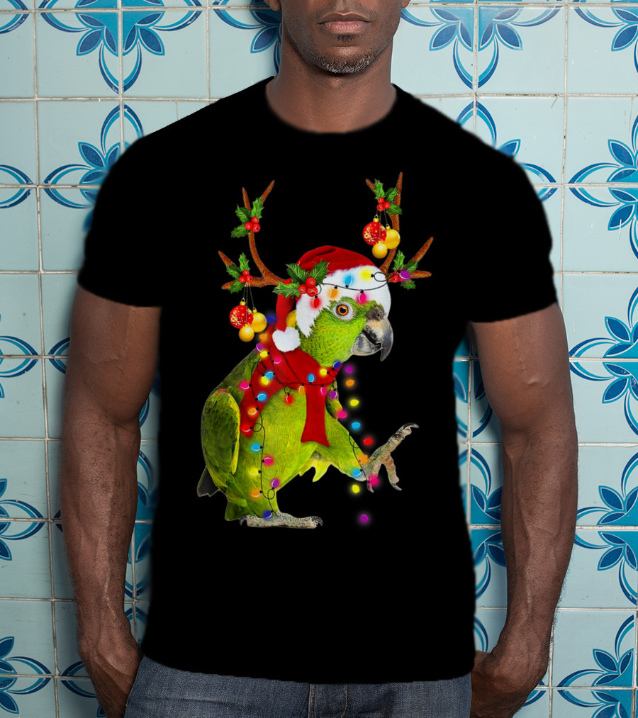 Cockatoo Parrot Reindeer Antlers Christmas Lights Santa Hat T-Shirt