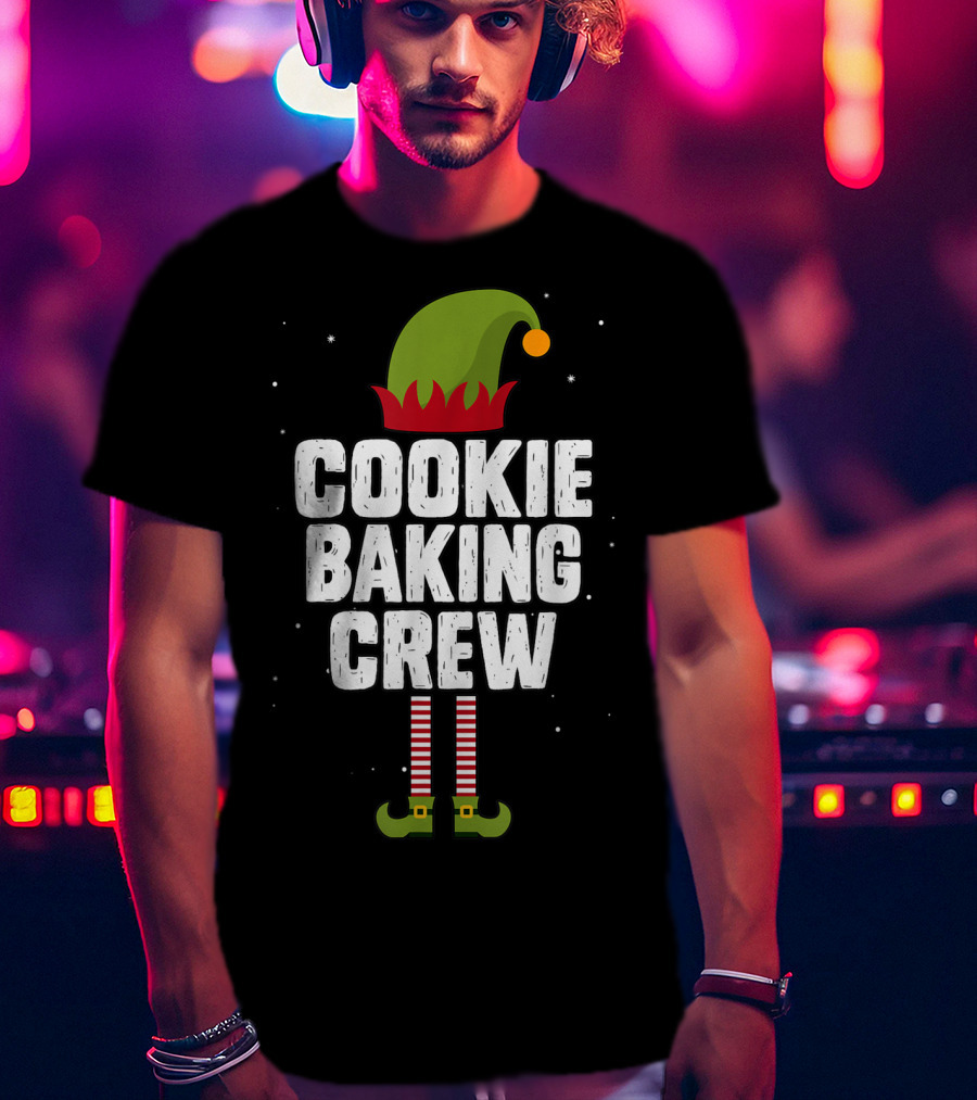 Cookie Baking Crew Christmas Elf Hat And Striped Stockings T-Shirt