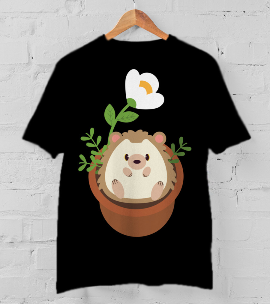 Cute Hedgehog Sitting In Flowering Plant Pot T-Shirt