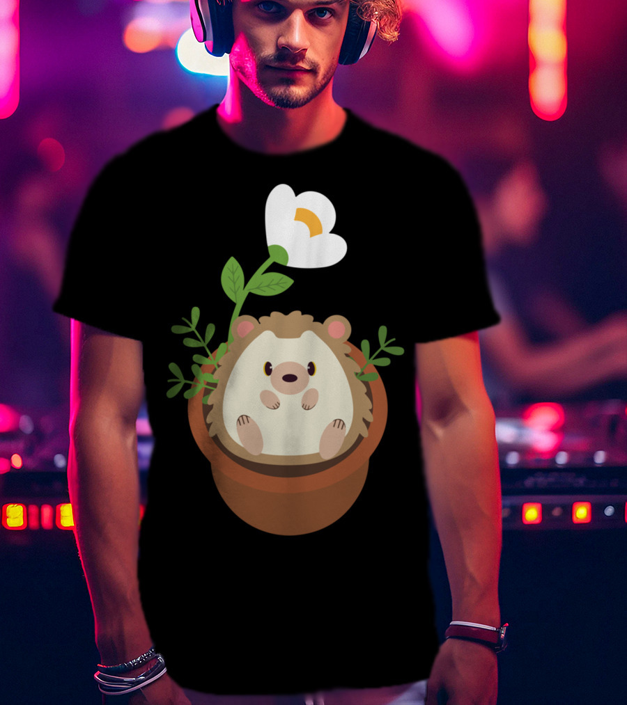 Cute Hedgehog Sitting In Flowering Plant Pot T-Shirt