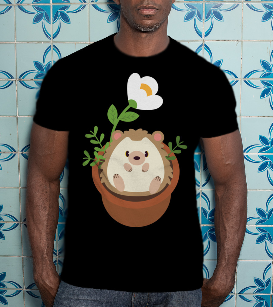 Cute Hedgehog Sitting In Flowering Plant Pot T-Shirt
