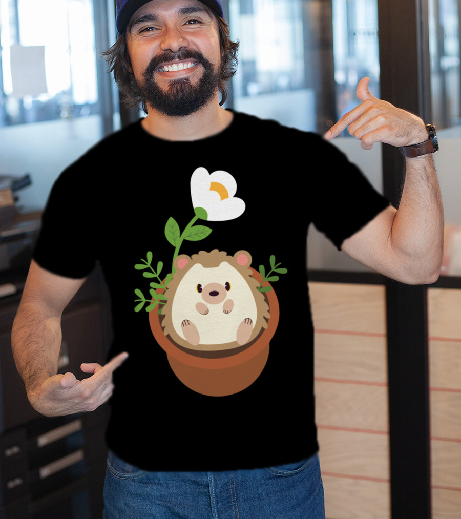 Cute Hedgehog Sitting In Flowering Plant Pot T-Shirt