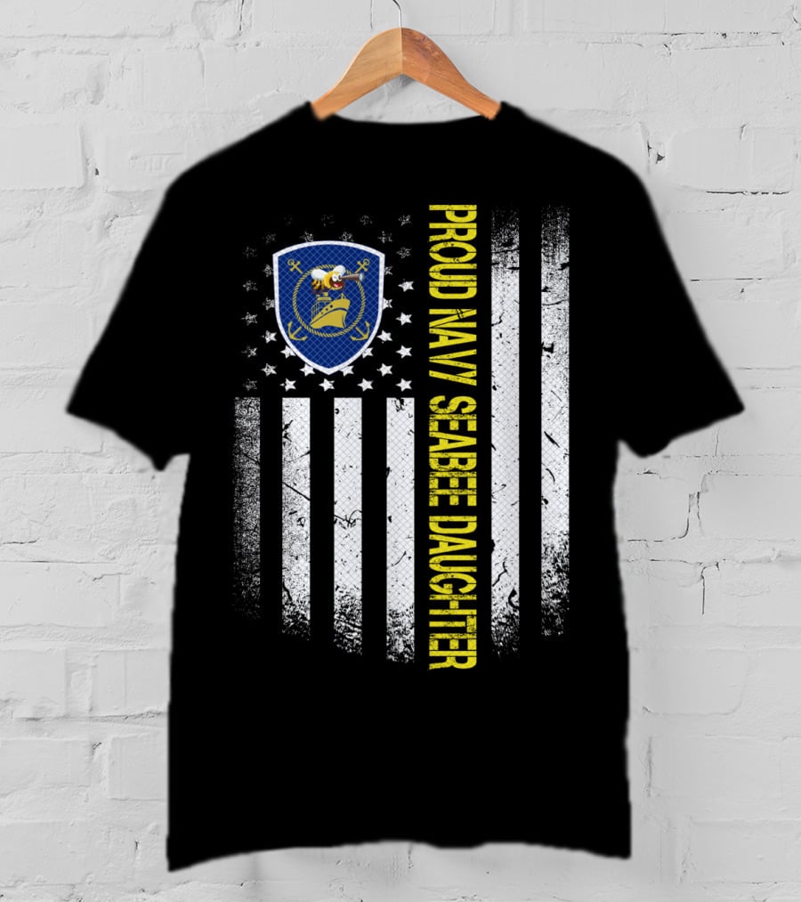 Proud Navy Seabee Daughter Black And White American Flag With Seabee Emblem T-Shirt