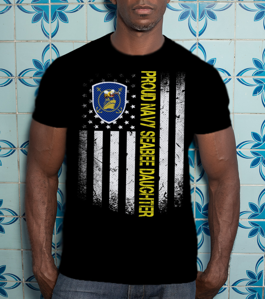 Proud Navy Seabee Daughter Black And White American Flag With Seabee Emblem T-Shirt