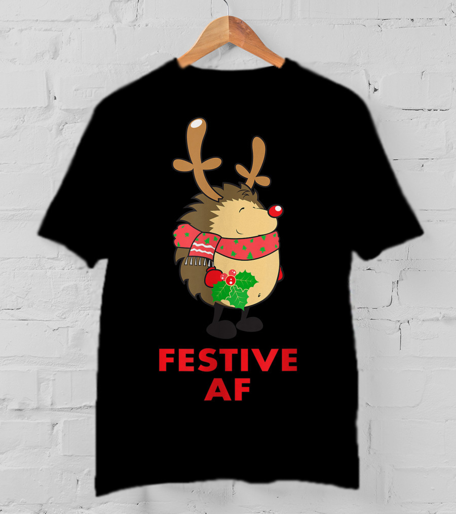 Festive AF Christmas Hedgehog With Scarf And Antlers T-Shirt