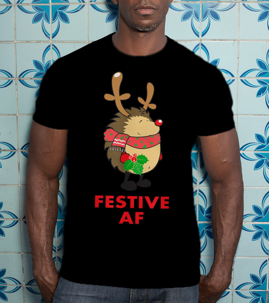 Festive AF Christmas Hedgehog With Scarf And Antlers T-Shirt