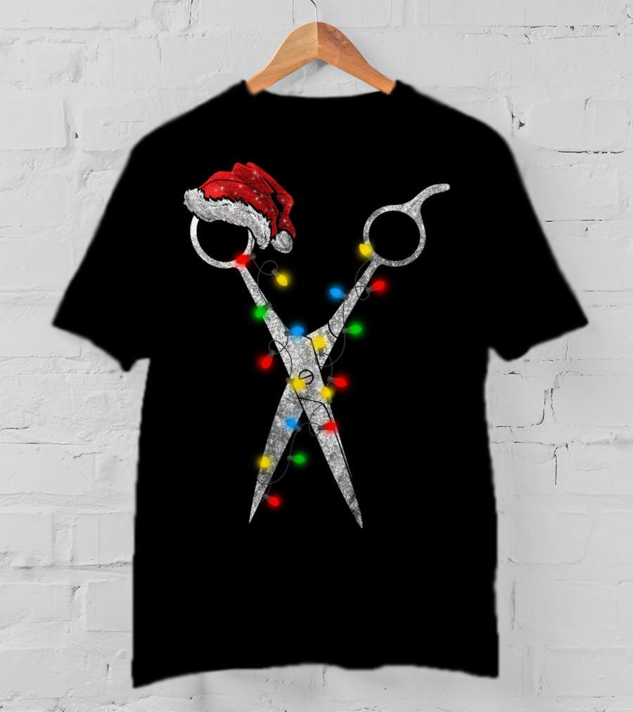 Funny Christmas Scissor Hairstylist Santa Hat Lights T-Shirt