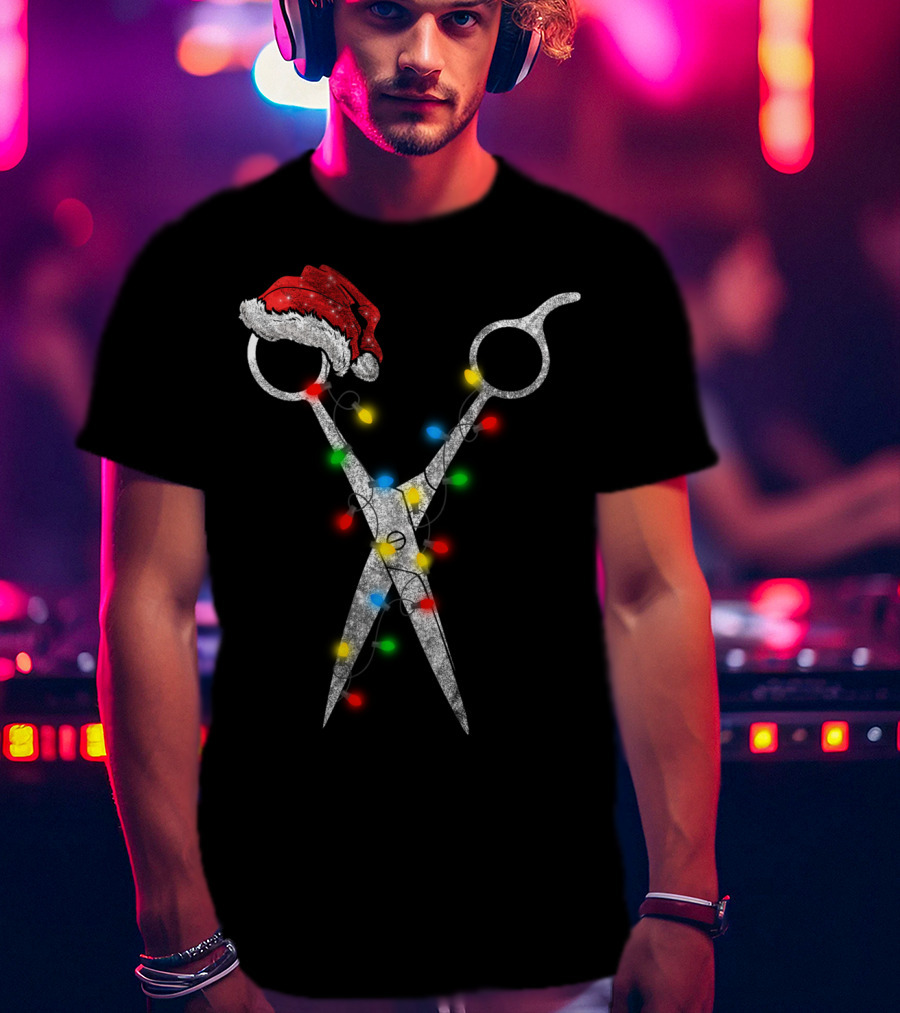 Funny Christmas Scissor Hairstylist Santa Hat Lights T-Shirt