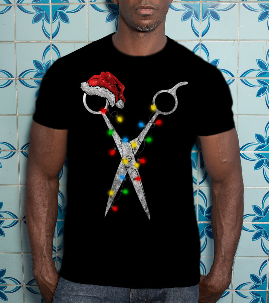 Funny Christmas Scissor Hairstylist Santa Hat Lights T-Shirt
