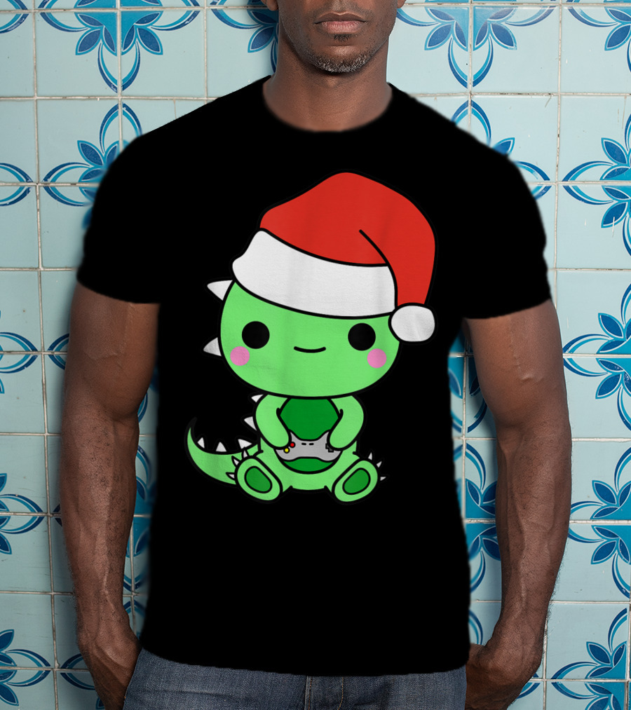 Christmas Gaming Dinosaur Santa Gamer Nerd T-Shirt