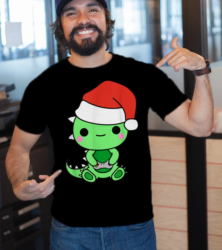 Christmas Gaming Dinosaur Santa Gamer Nerd T-Shirt