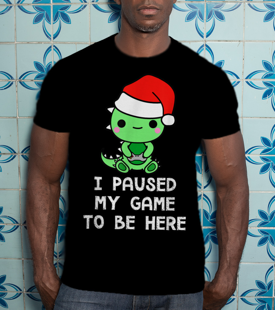 I Paused My Game To Be Here Christmas Dinosaur Gamer Santa Hat T-Shirt