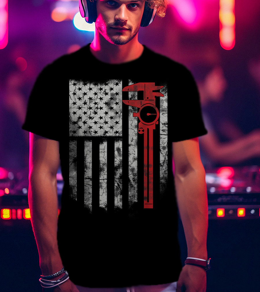 American Flag With Red Caliper For CNC Machinists T-Shirt