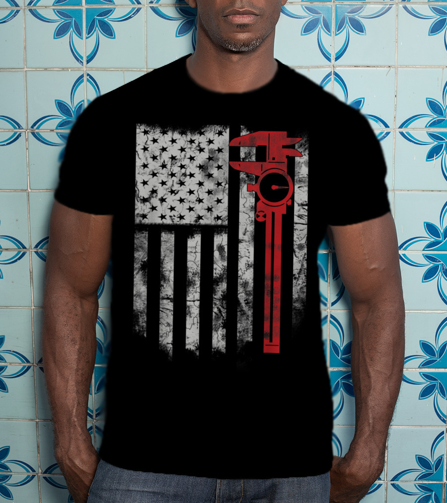 American Flag With Red Caliper For CNC Machinists T-Shirt
