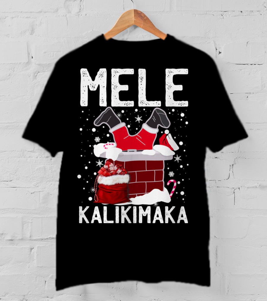 Mele Kalikimaka Santa In Chimney With Gifts Candy Cane Snowflakes Hawaiian Christmas T-Shirt