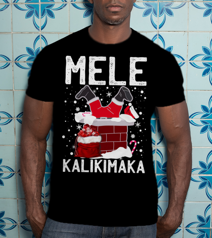 Mele Kalikimaka Santa In Chimney With Gifts Candy Cane Snowflakes Hawaiian Christmas T-Shirt