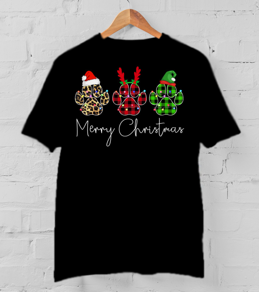 Merry Christmas Paw Dogs With Santa Hat Reindeer Antlers And Elf Hat T-Shirt