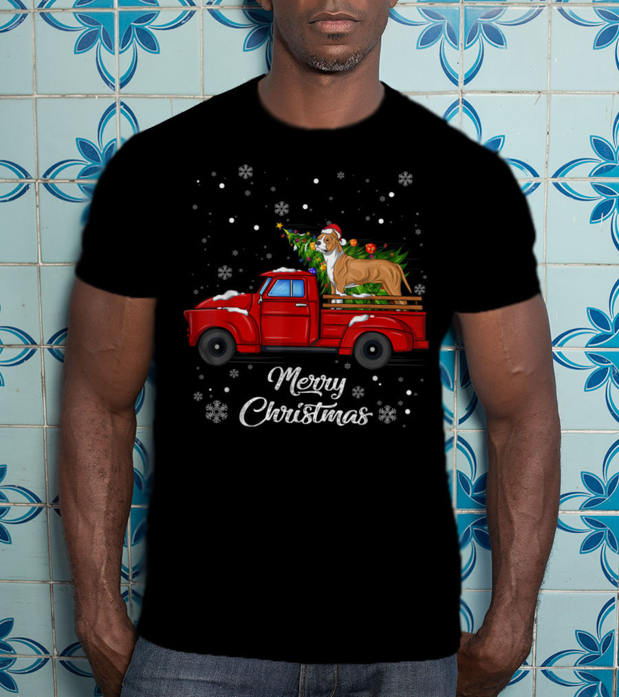 Merry Christmas Pitbull In Red Truck With Christmas Tree And Snowflakes T-Shirt
