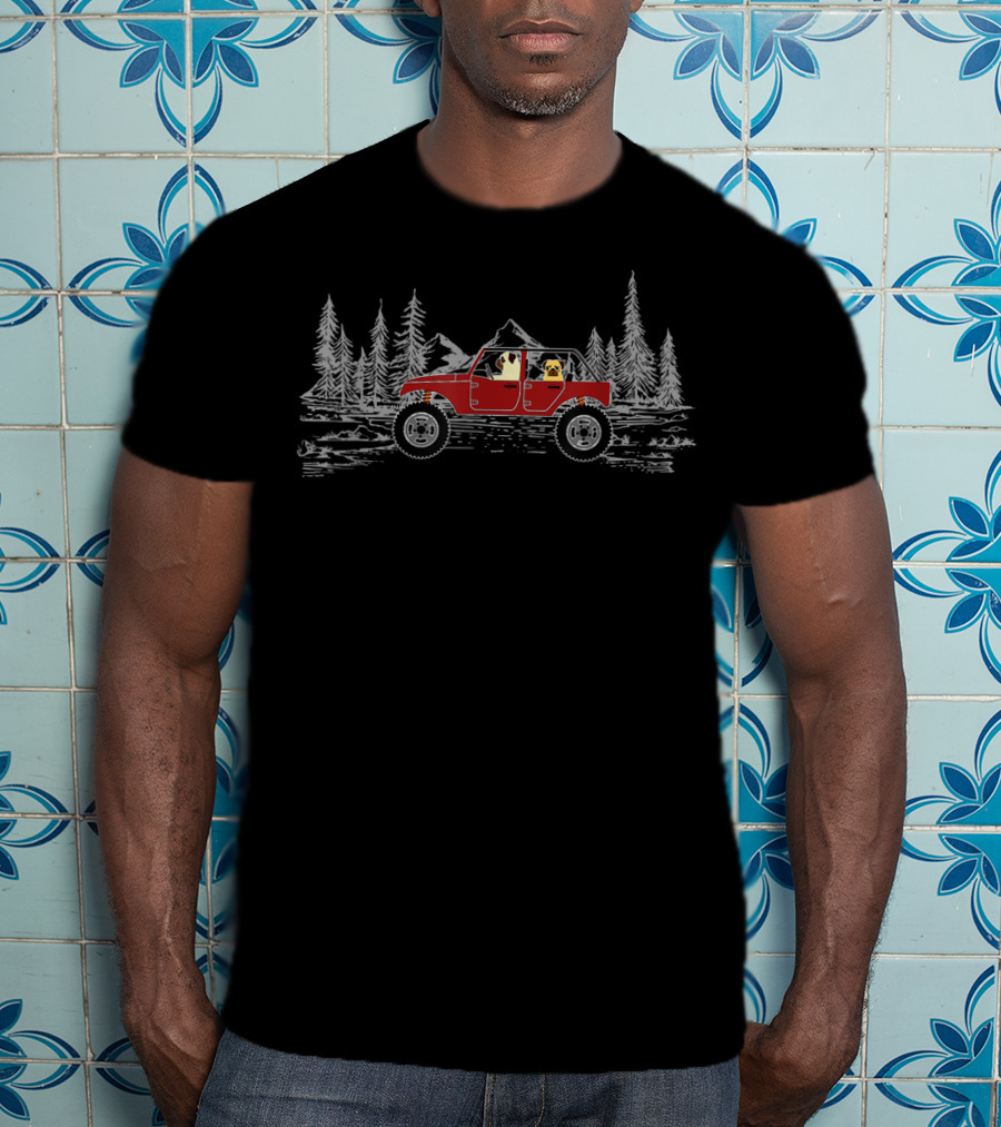 Pugs In A Truck Off-Road Adventure With Funny Pug Dog In Forest Scene T-Shirt