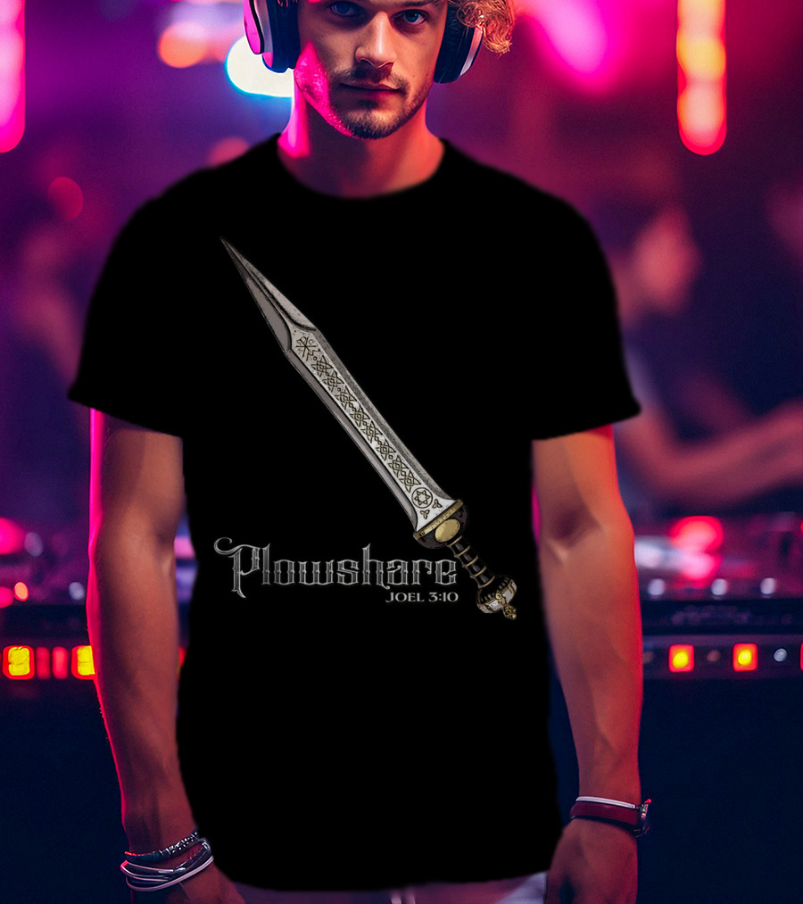 Plowshare Joel 3:10 Sword Design Red Chi Rho Brand T-Shirt