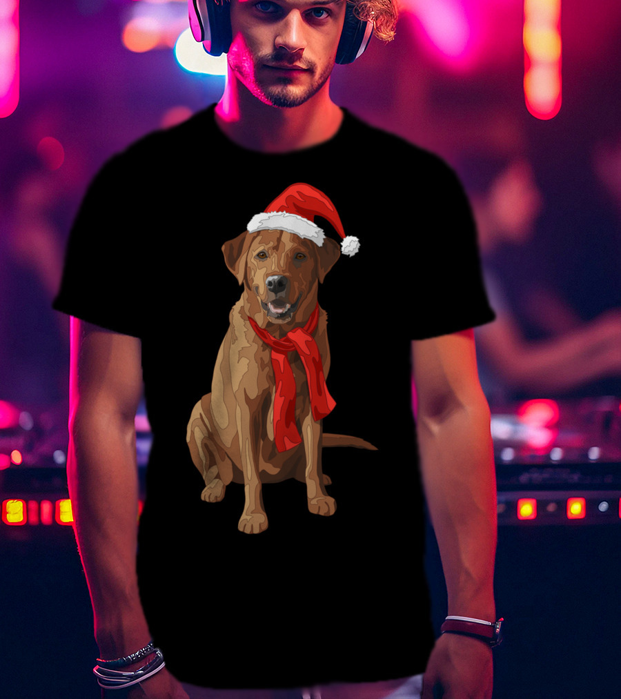 Red Labrador Retriever Dog With Christmas Santa Hat And Scarf T-Shirt