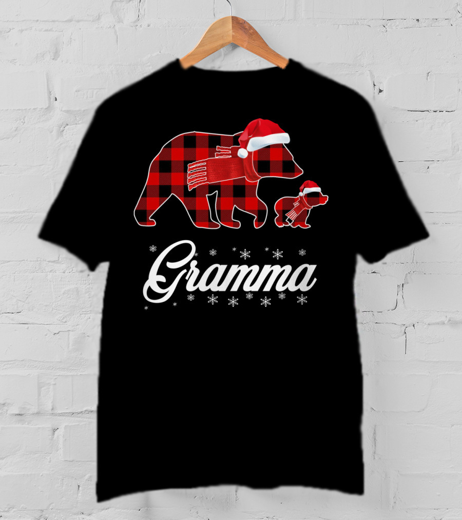 Gramma Bear Red Plaid Buffalo Check Santa Hat Snowflakes T-Shirt