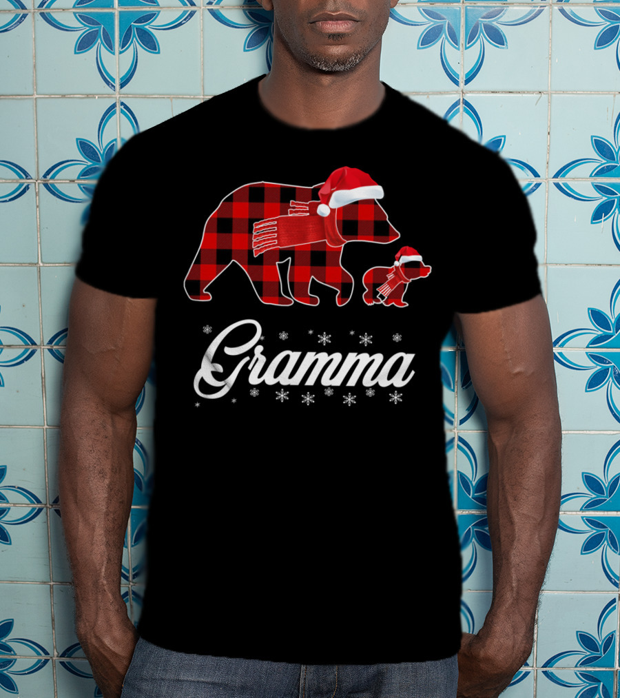 Gramma Bear Red Plaid Buffalo Check Santa Hat Snowflakes T-Shirt