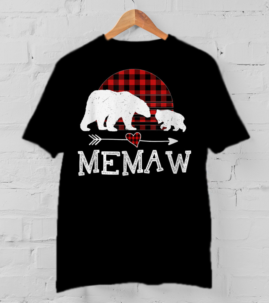 Memaw Bear With Red Plaid Buffalo Check And Heart Arrow T-Shirt
