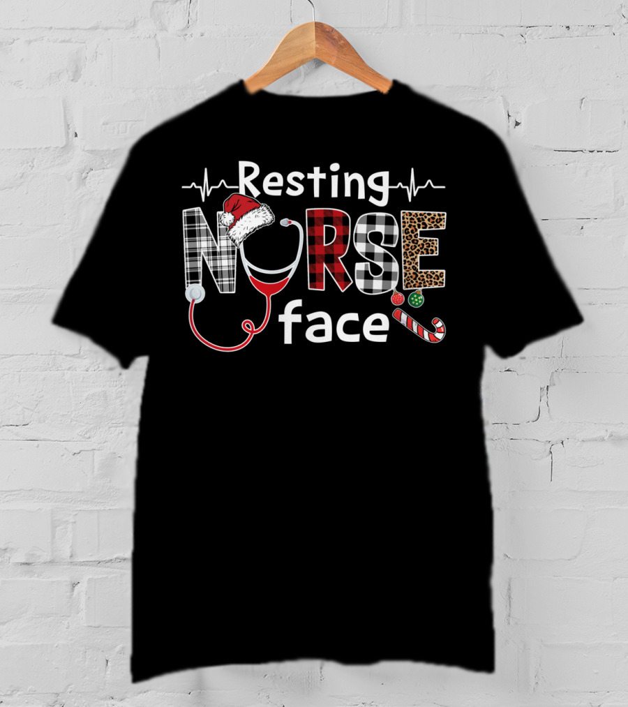 Resting Nurse Face Christmas Plaid Stethoscope Candy Cane Santa Hat Leopard T-Shirt