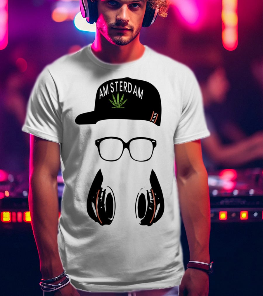 Amsterdam Holland Marijuana Souvenir Hat Glasses Headphones T-Shirt