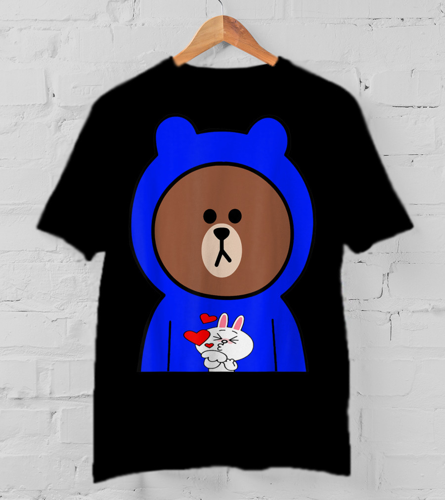 Brown Bear In Blue Hoodie With Cony Bunny Love Hearts T-Shirt