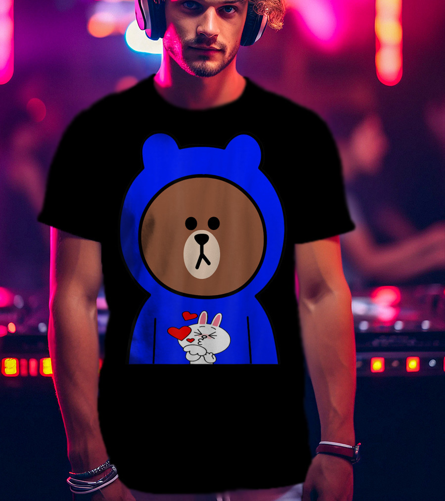 Brown Bear In Blue Hoodie With Cony Bunny Love Hearts T-Shirt