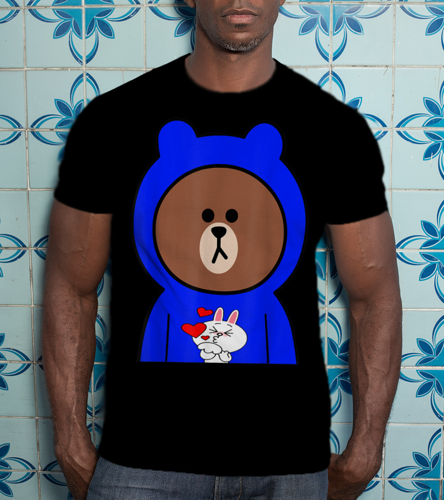 Brown Bear In Blue Hoodie With Cony Bunny Love Hearts T-Shirt