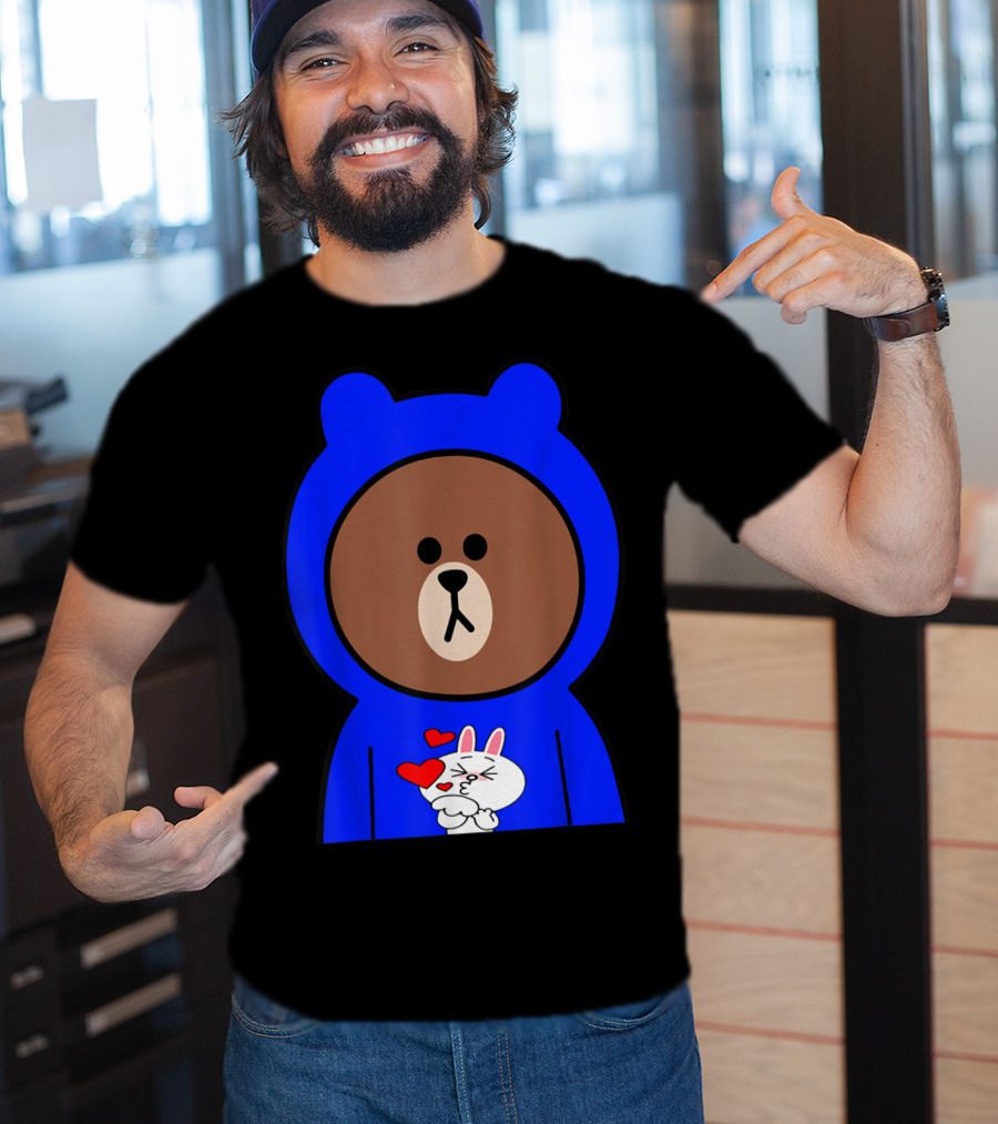 Brown Bear In Blue Hoodie With Cony Bunny Love Hearts T-Shirt