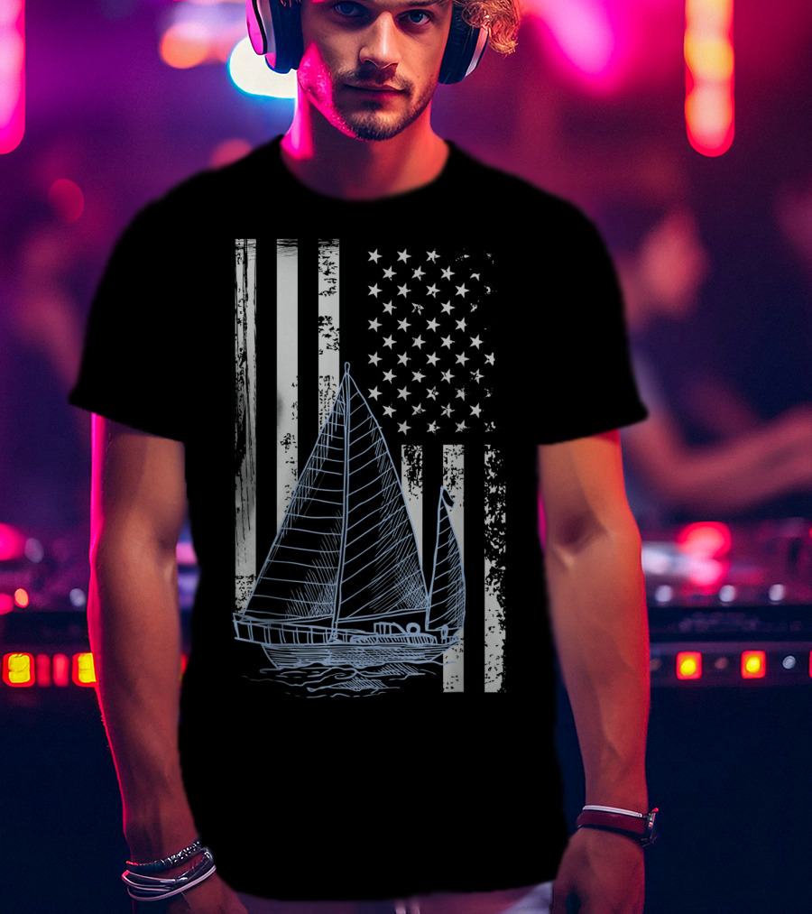 Fun Vintage Sailboat With American Flag Elements T-Shirt