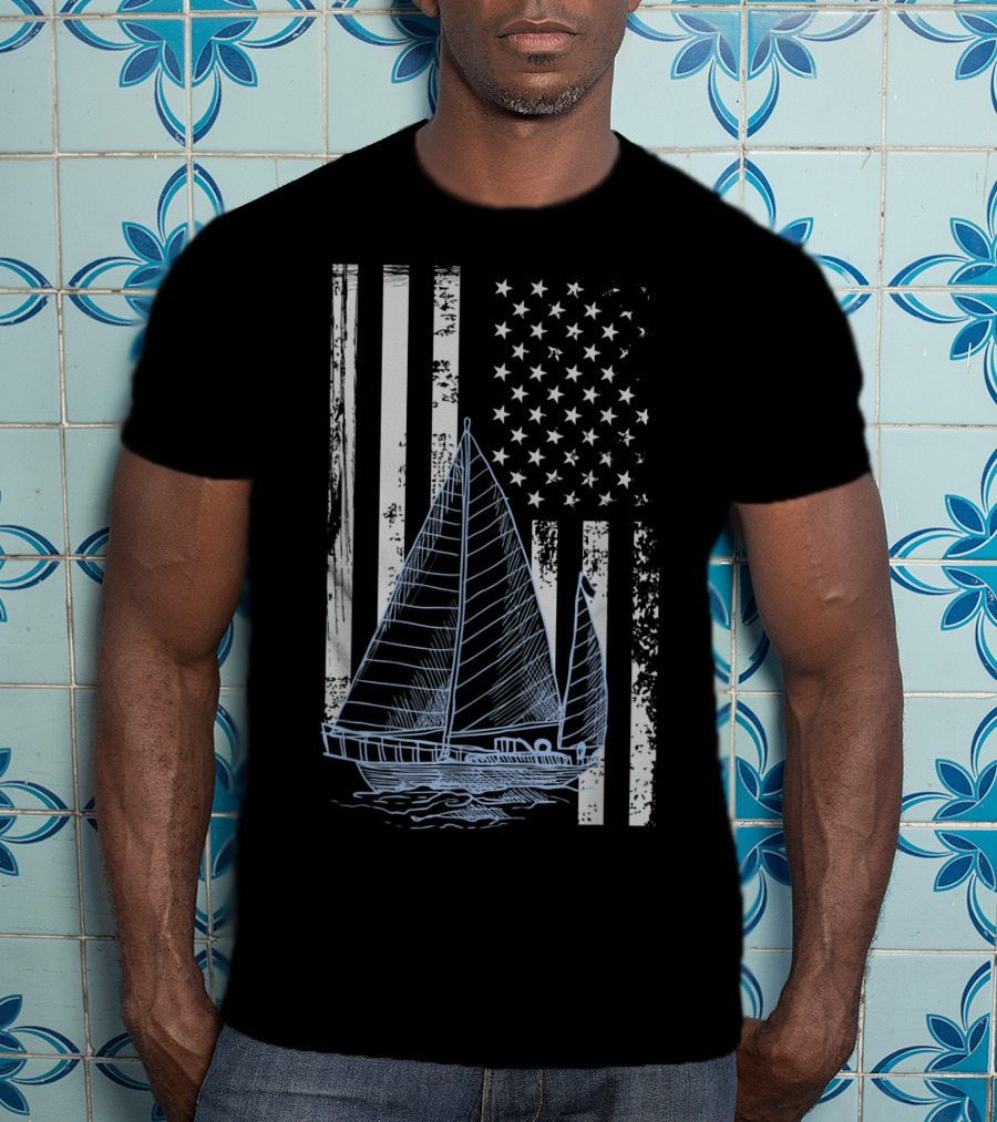 Fun Vintage Sailboat With American Flag Elements T-Shirt