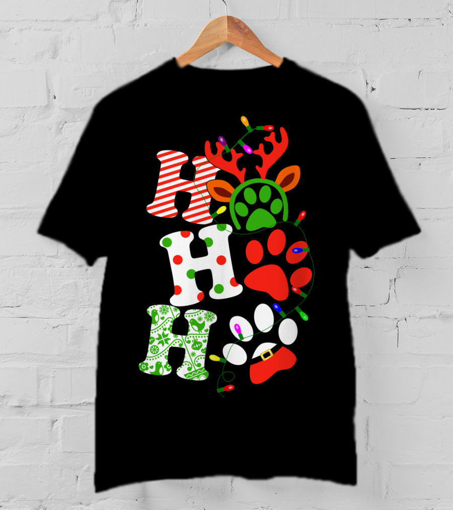 Ho Ho Ho Christmas Dog Paw Santa Lights Reindeer Antlers T-Shirt