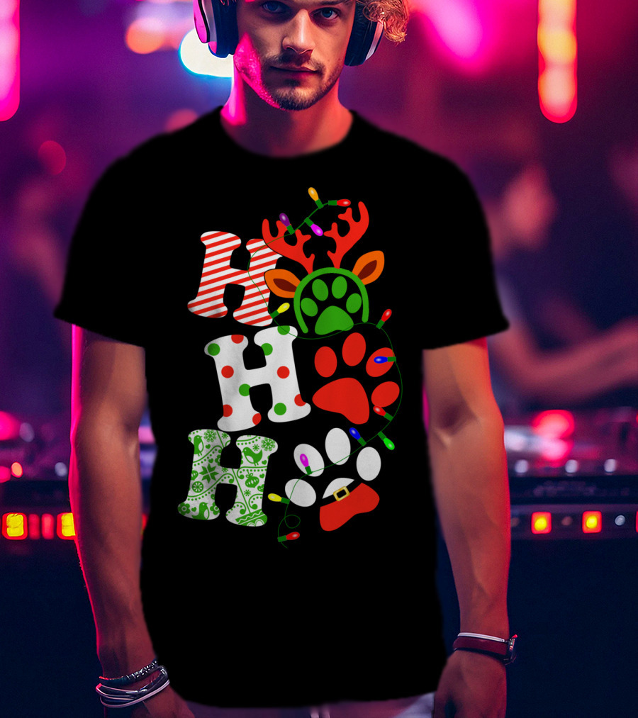 Ho Ho Ho Christmas Dog Paw Santa Lights Reindeer Antlers T-Shirt