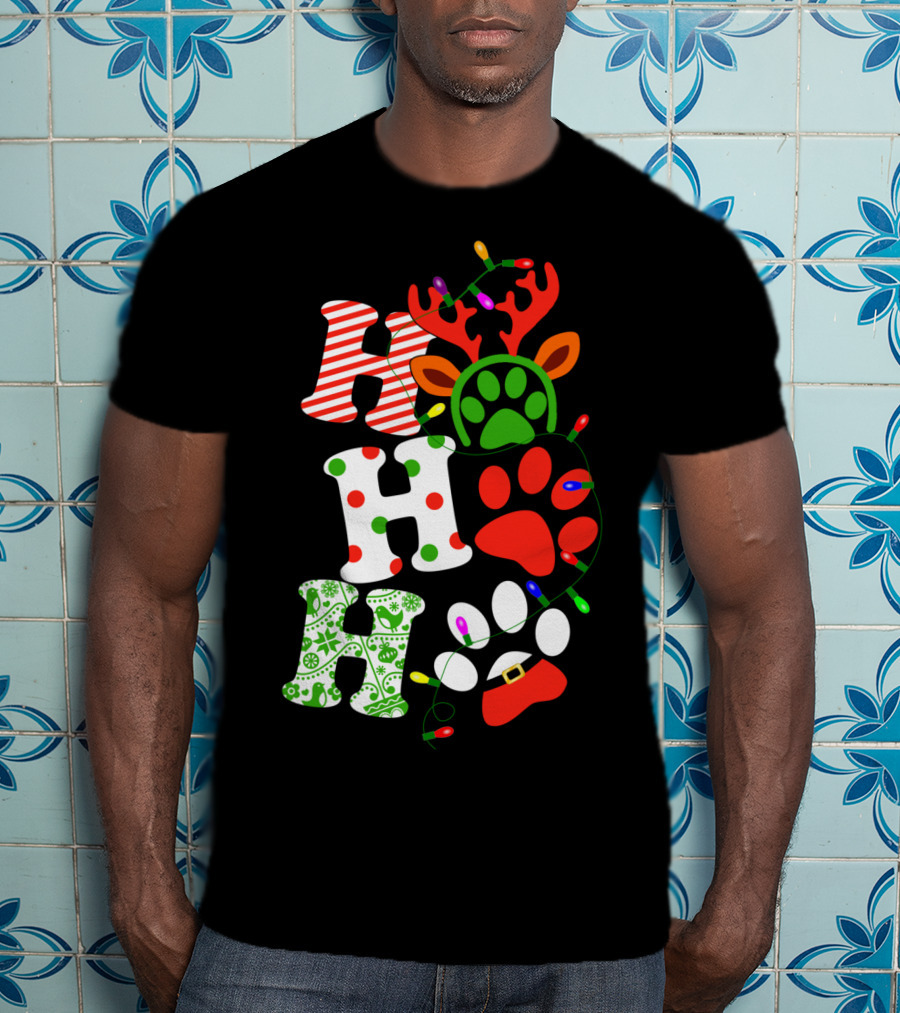 Ho Ho Ho Christmas Dog Paw Santa Lights Reindeer Antlers T-Shirt