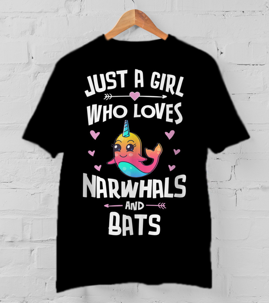 Just A Girl Who Loves Narwhals And Bats Cute Rainbow T-Shirt