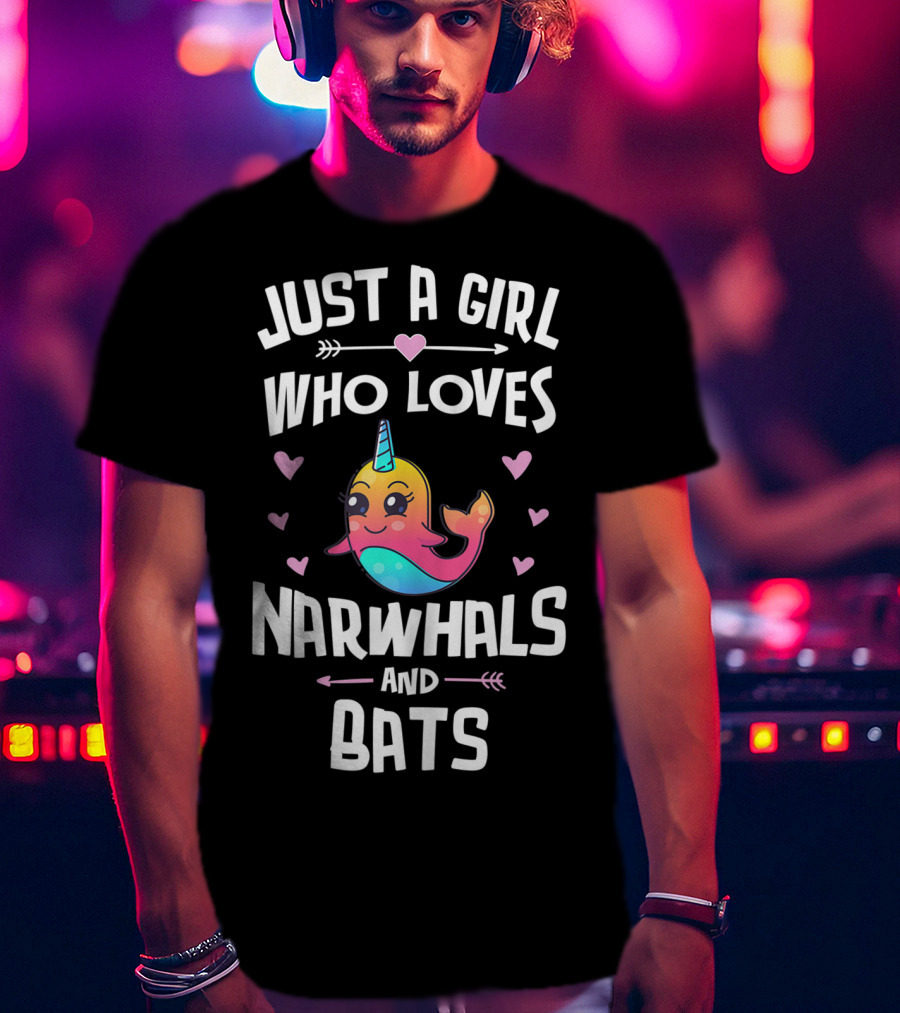 Just A Girl Who Loves Narwhals And Bats Cute Rainbow T-Shirt