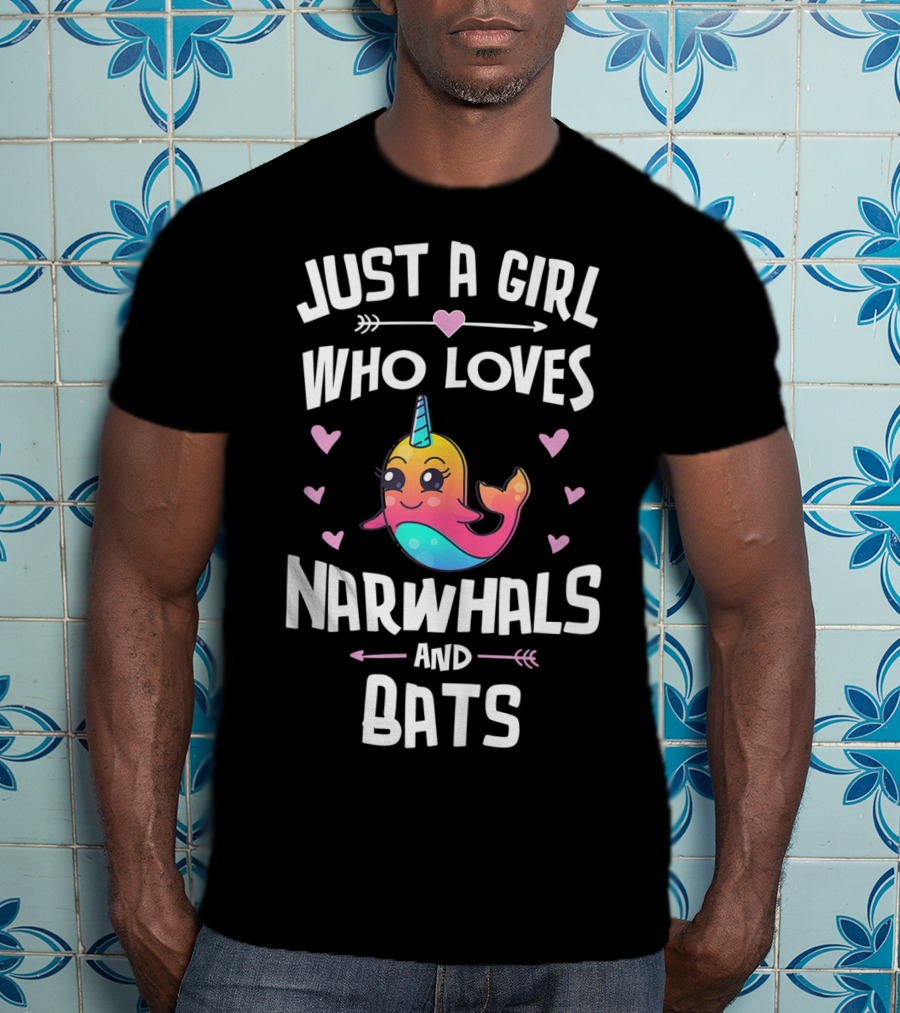 Just A Girl Who Loves Narwhals And Bats Cute Rainbow T-Shirt