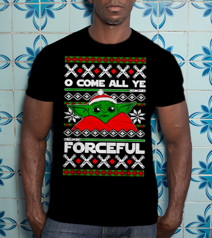 O Come All Ye Forceful Christmas Santa Hat Yoda Star Wars Ugly T-Shirt