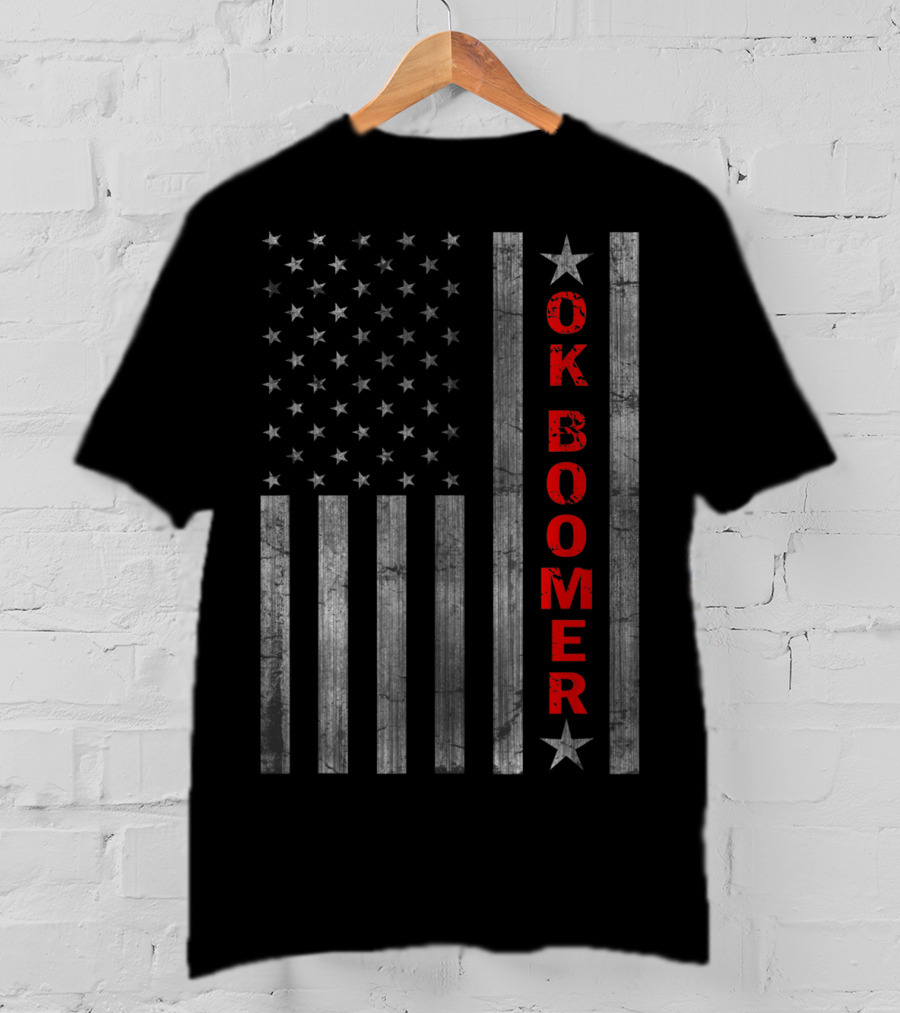 Ok Boomer Vertical Red Text On Distressed American Flag T-Shirt