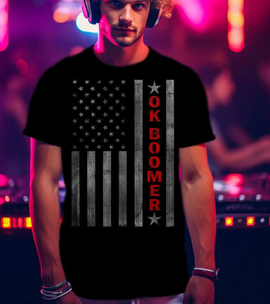Ok Boomer Vertical Red Text On Distressed American Flag T-Shirt