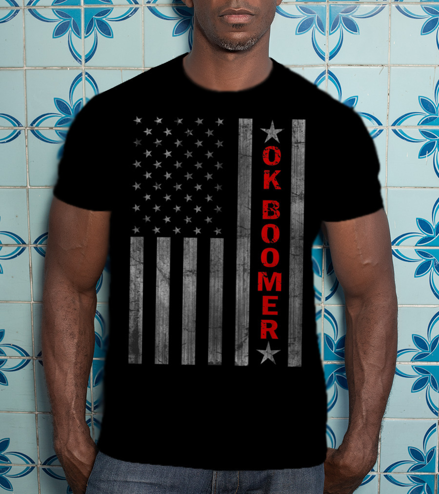 Ok Boomer Vertical Red Text On Distressed American Flag T-Shirt