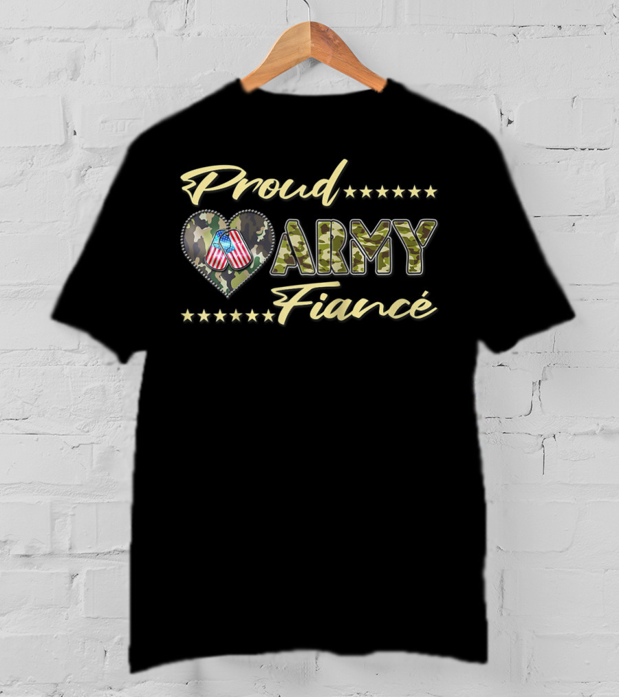 Proud Army Fiancé Camo Heart US Flag Stars T-Shirt